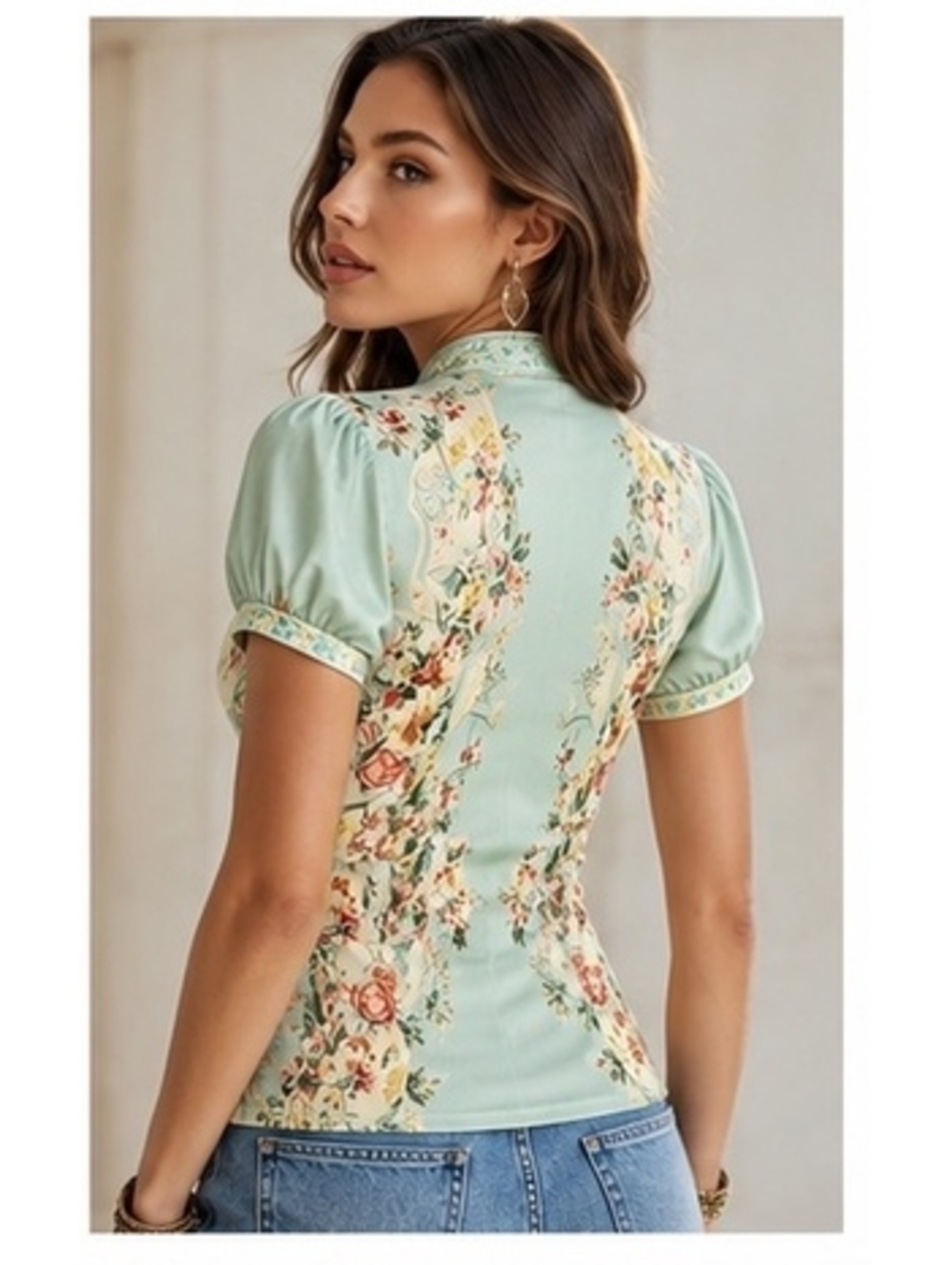 Retro Mint Green Floral Chiffon Zip-Up Top Size Small - Picture 2 of 8